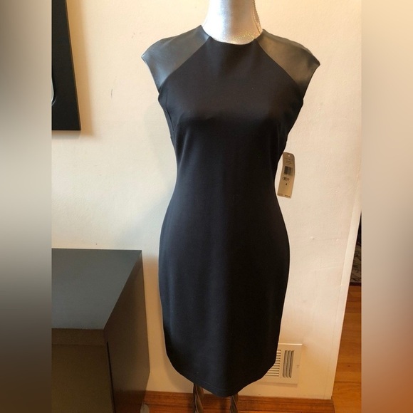 Lauren Ralph Lauren Petite 2P Black Leather-Trim Sheath Dress - Picture 5 of 8